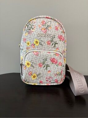 GUESS Floral Mini Sling Backpack Crossbody One-Strap Bag Grey Pink